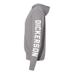 Russell Dickerson signature logo grey hoodie featuring sleeve detailing that says "Dickerson".
