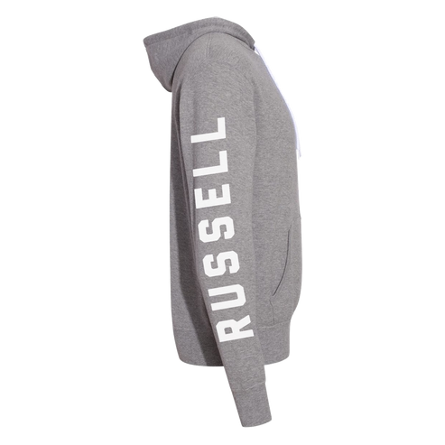 Russell Dickerson signature logo grey hoodie featuring sleeve detailing that says "Russell".