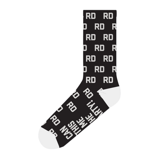RD black and white design tube socks product shot Russell Dickerson