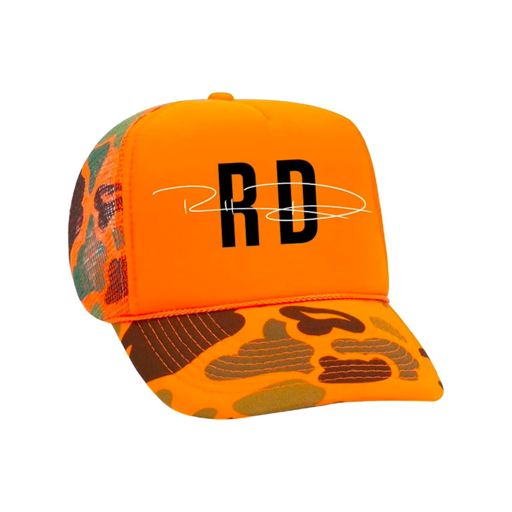 RD signature orange camo trucker hat with a mesh back Russell Dickerson