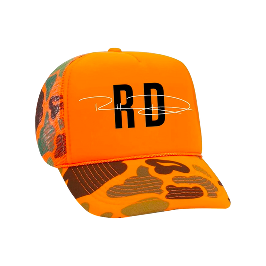 RD signature orange camo trucker hat with a mesh back Russell Dickerson