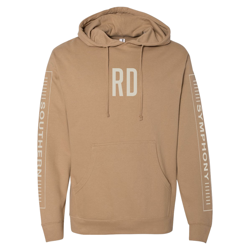 RD Southern Symphony chest and sleeve design tan hoodie product shot Russell Dickerson
