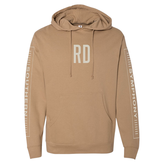 RD Southern Symphony chest and sleeve design tan hoodie product shot Russell Dickerson