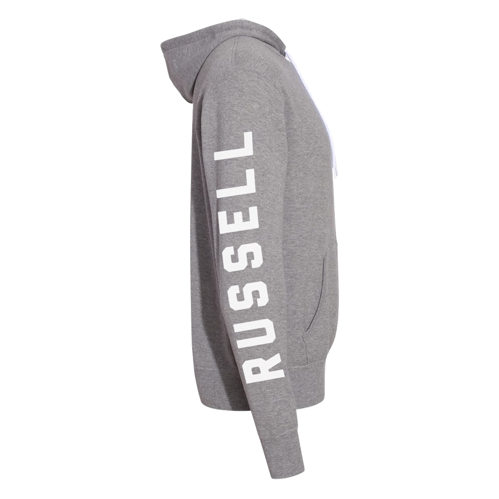 Russell Dickerson signature logo grey hoodie featuring sleeve detailing that says "Russell".